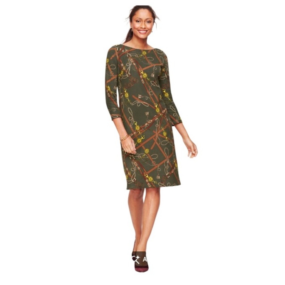 Talbots Green Chain Print Sheath Dress 3/4 Sleeve Nautical Equestrian Women's 12